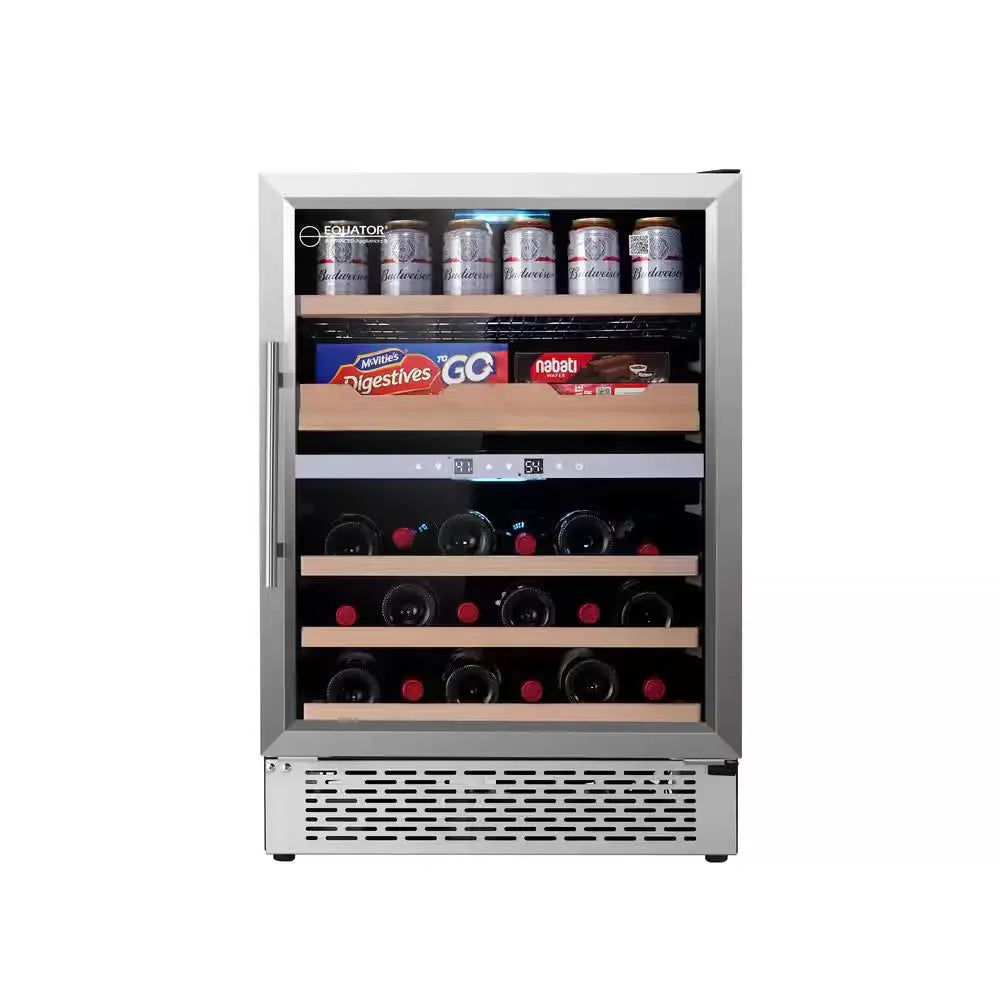 23.4 In. Luxury Hybrid Dual Temperature Zone Gourmet Center Beverage Cooler 43-Bottle+ Cans+ Fine Foods 110V, Stainless | Fridge.com