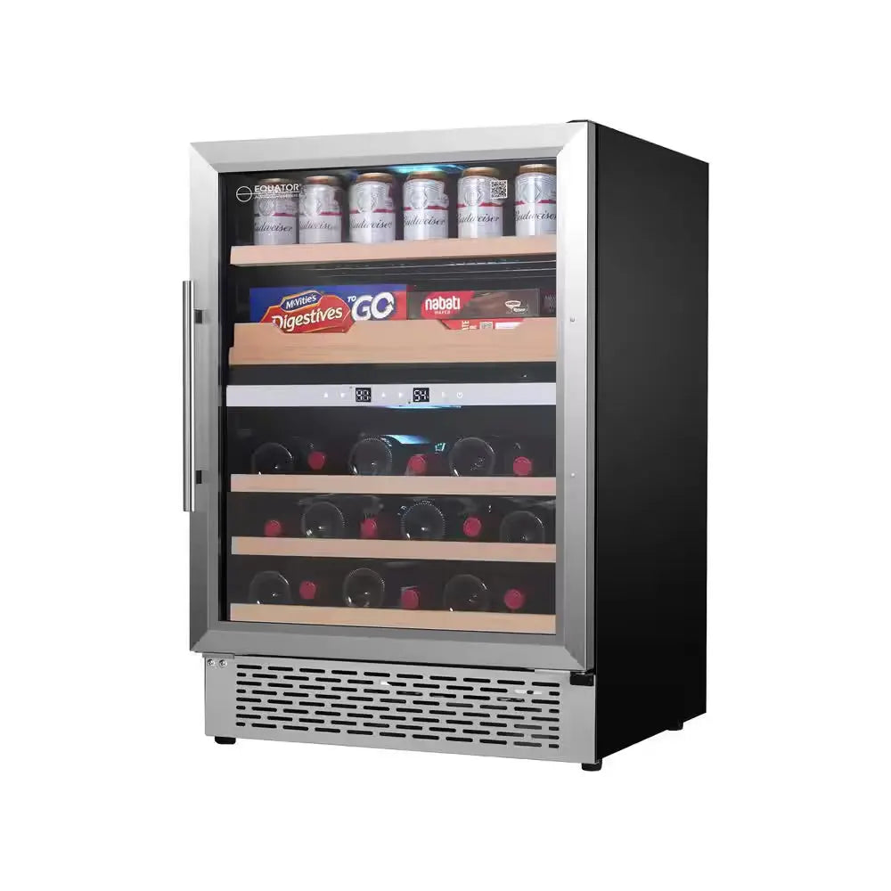 23.4 In. Luxury Hybrid Dual Temperature Zone Gourmet Center Beverage Cooler 43-Bottle+ Cans+ Fine Foods 110V, Stainless | Fridge.com