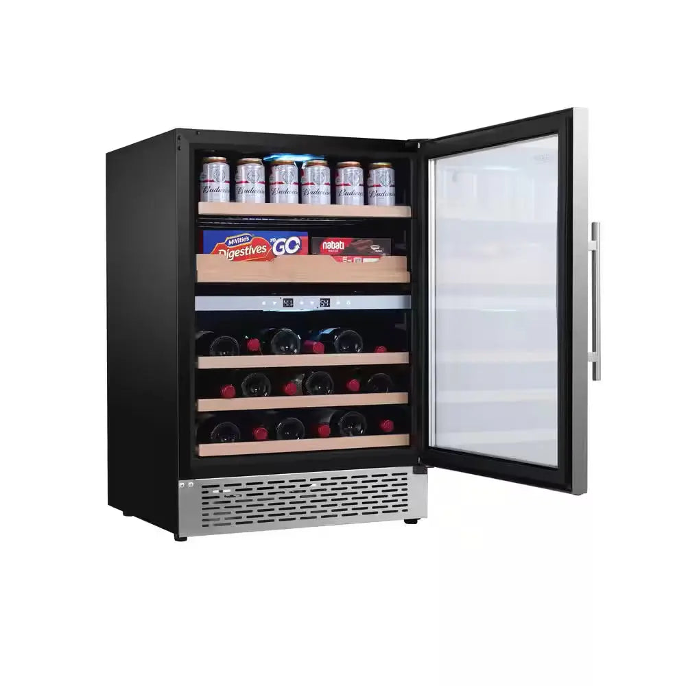 23.4 In. Luxury Hybrid Dual Temperature Zone Gourmet Center Beverage Cooler 43-Bottle+ Cans+ Fine Foods 110V, Stainless | Fridge.com