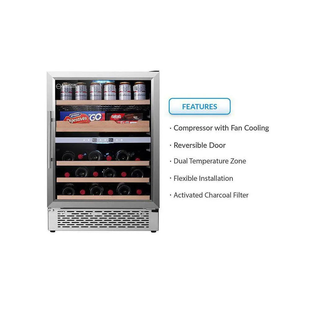 23.4 In. Luxury Hybrid Dual Temperature Zone Gourmet Center Beverage Cooler 43-Bottle+ Cans+ Fine Foods 110V, Stainless | Fridge.com