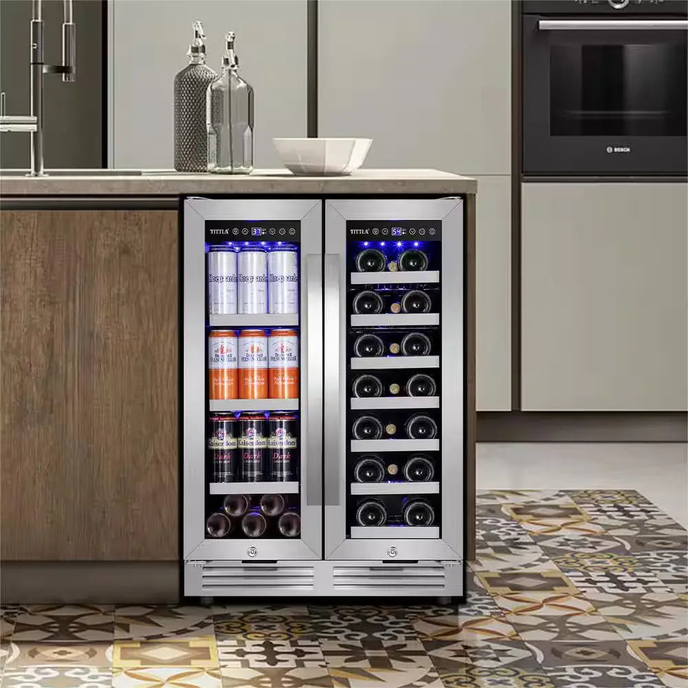 23.47 In. Dual Zone 18-Wine Bottles and 57-Cans Beverage and Wine Cooler in Silver Two Shape of Door Handles Blue Leds | Fridge.com