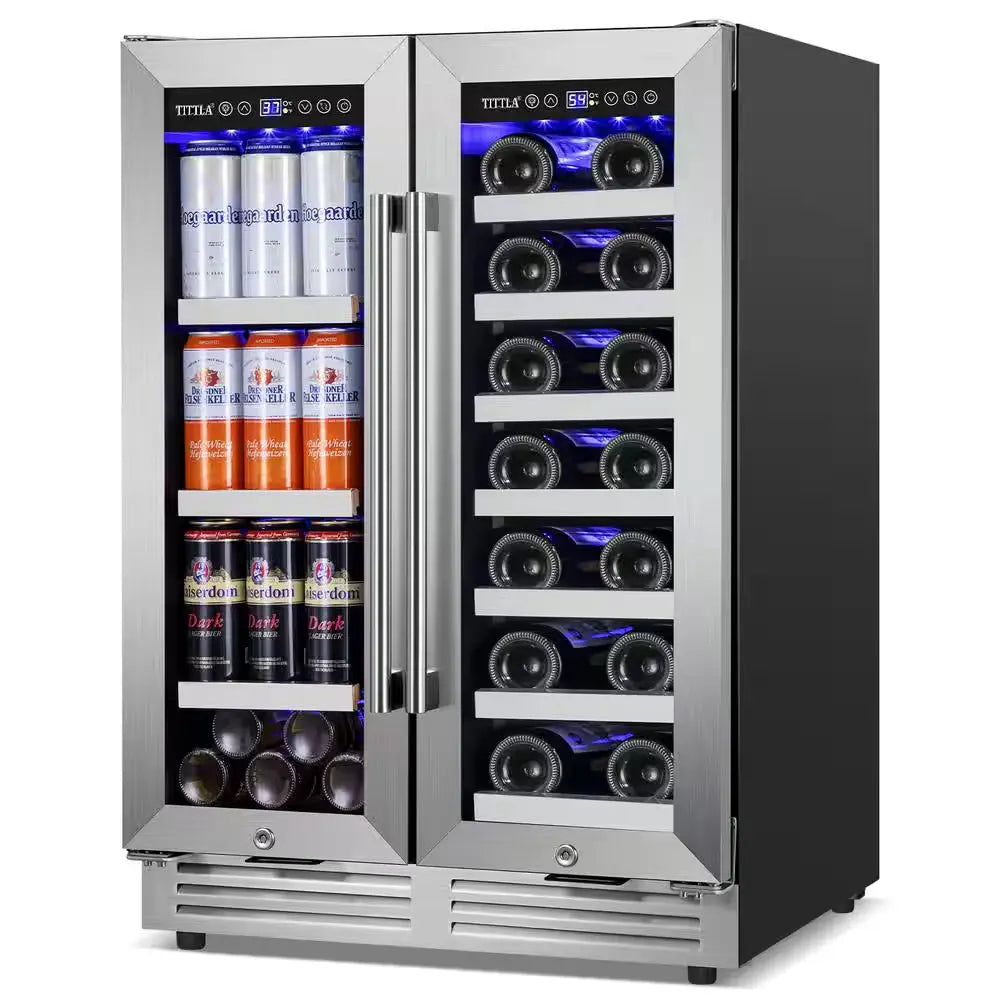 23.47 In. Dual Zone 18-Wine Bottles and 57-Cans Beverage and Wine Cooler in Silver Two Shape of Door Handles Blue Leds | Fridge.com