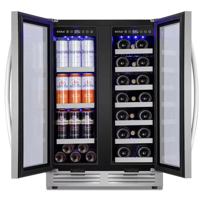 23.47 In. Dual Zone 18-Wine Bottles and 57-Cans Beverage and Wine Cooler in Silver Two Shape of Door Handles Blue Leds | Fridge.com