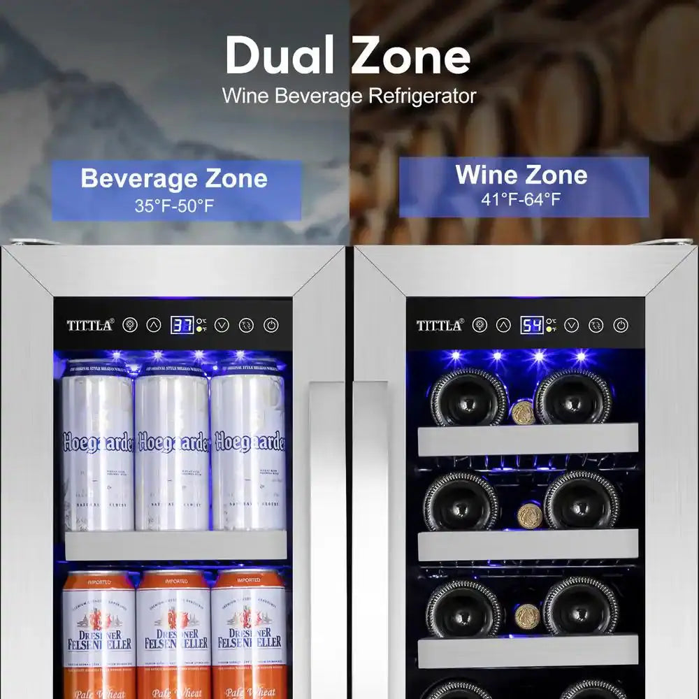 23.47 In. Dual Zone 18-Wine Bottles and 57-Cans Beverage and Wine Cooler in Silver Two Shape of Door Handles Blue Leds | Fridge.com