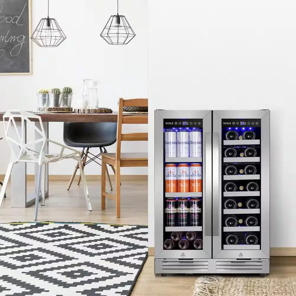 23.47 In. Dual Zone 18-Wine Bottles and 57-Cans Beverage and Wine Cooler in Silver Two Shape of Door Handles Blue Leds | Fridge.com