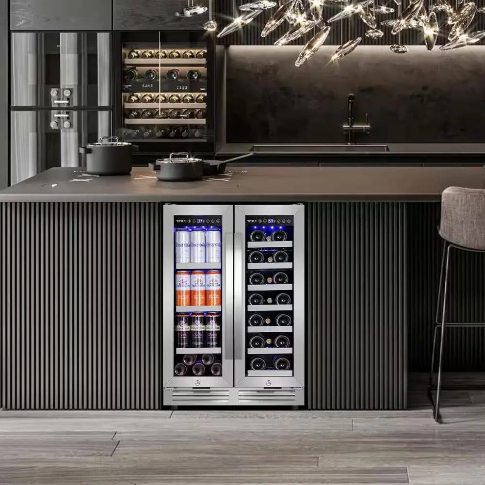 23.47 In. Dual Zone 18-Wine Bottles and 57-Cans Beverage and Wine Cooler in Silver Two Shape of Door Handles Blue Leds | Fridge.com