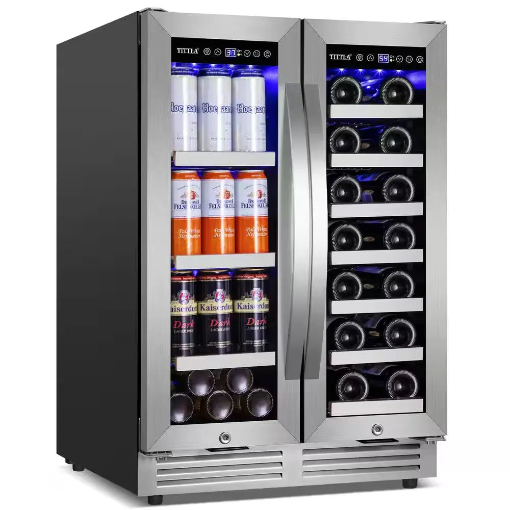 23.47 In. Dual Zone 18-Wine Bottles and 57-Cans Beverage and Wine Cooler in Silver Two Shape of Door Handles Blue Leds | Fridge.com