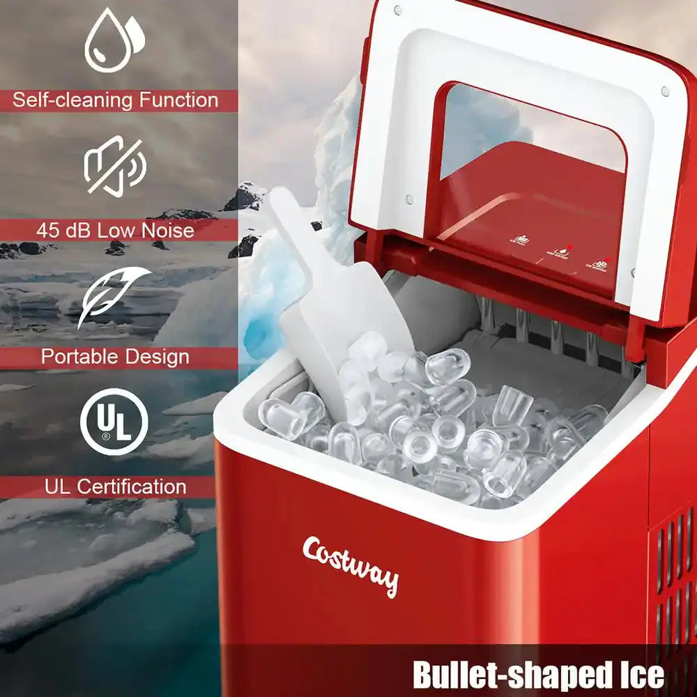 9 In. W 26 Lbs./24-Hour Countertop Portable Ice Maker Self-Cleaning Wit-Hour Scoop in Red | Fridge.com