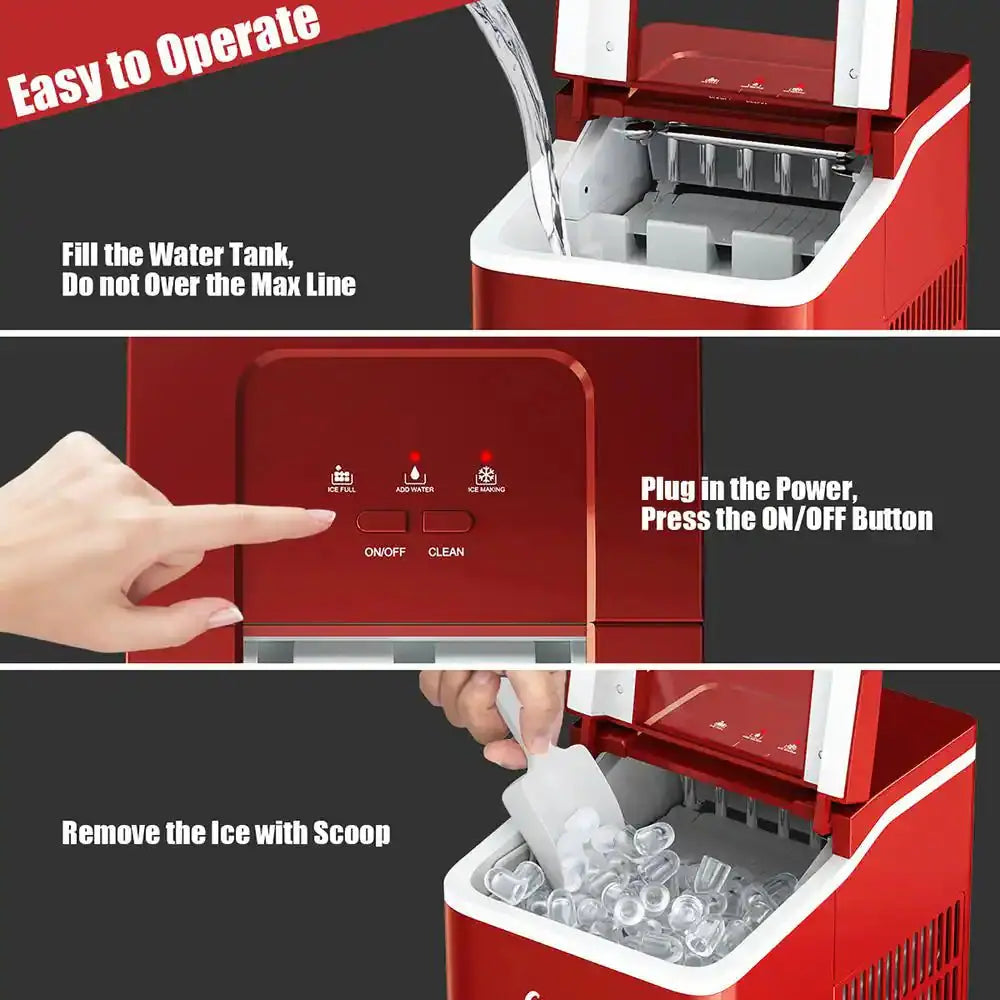 9 In. W 26 Lbs./24-Hour Countertop Portable Ice Maker Self-Cleaning Wit-Hour Scoop in Red | Fridge.com