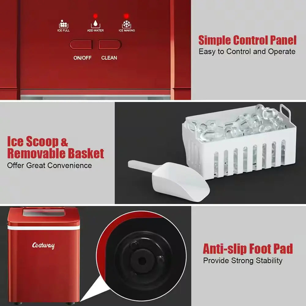 9 In. W 26 Lbs./24-Hour Countertop Portable Ice Maker Self-Cleaning Wit-Hour Scoop in Red | Fridge.com