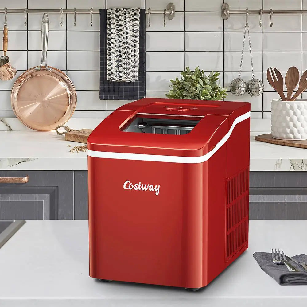 9 In. W 26 Lbs./24-Hour Countertop Portable Ice Maker Self-Cleaning Wit-Hour Scoop in Red | Fridge.com