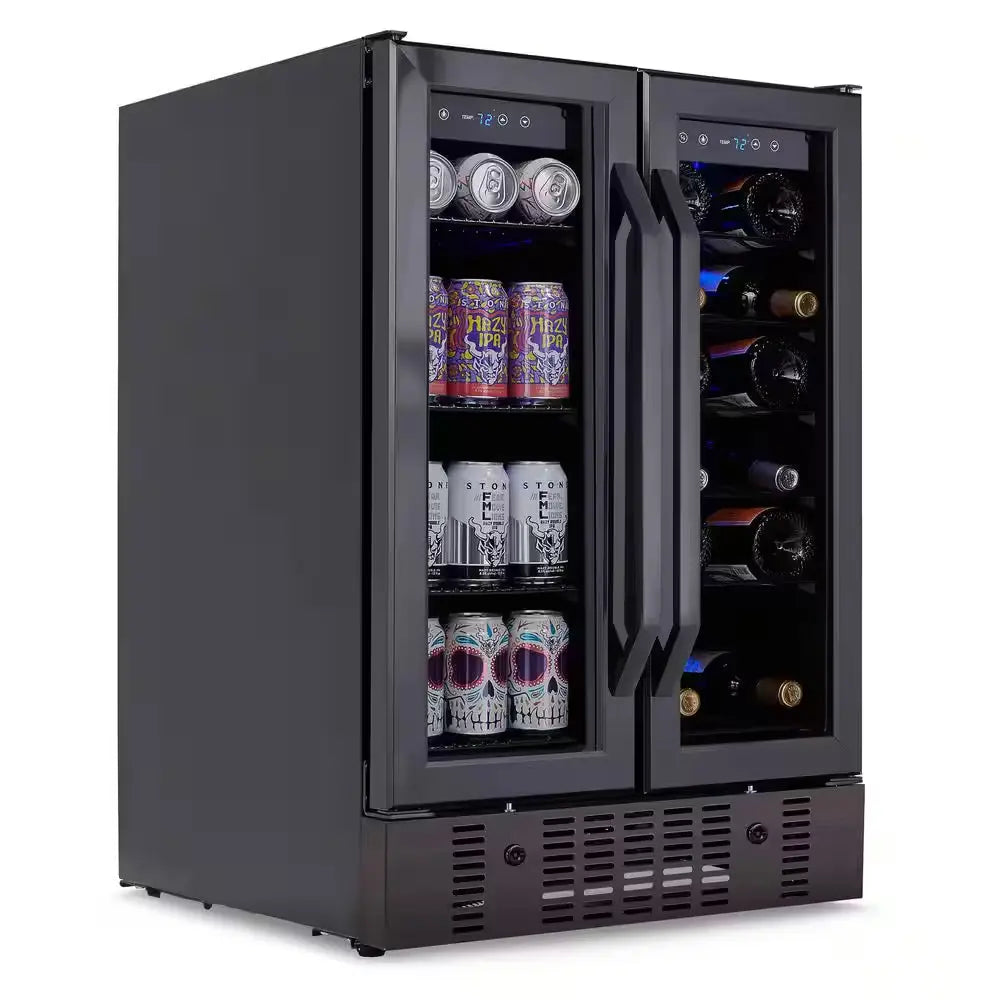 24 In. 18 Wine Bottles 60 Cans Built-In Dual Zone Beverage & Wine Cooler in Black Stainless Steel with French Doors | Fridge.com