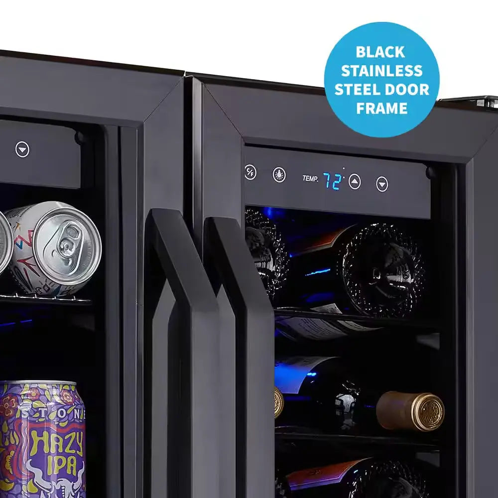 24 In. 18 Wine Bottles 60 Cans Built-In Dual Zone Beverage & Wine Cooler in Black Stainless Steel with French Doors | Fridge.com