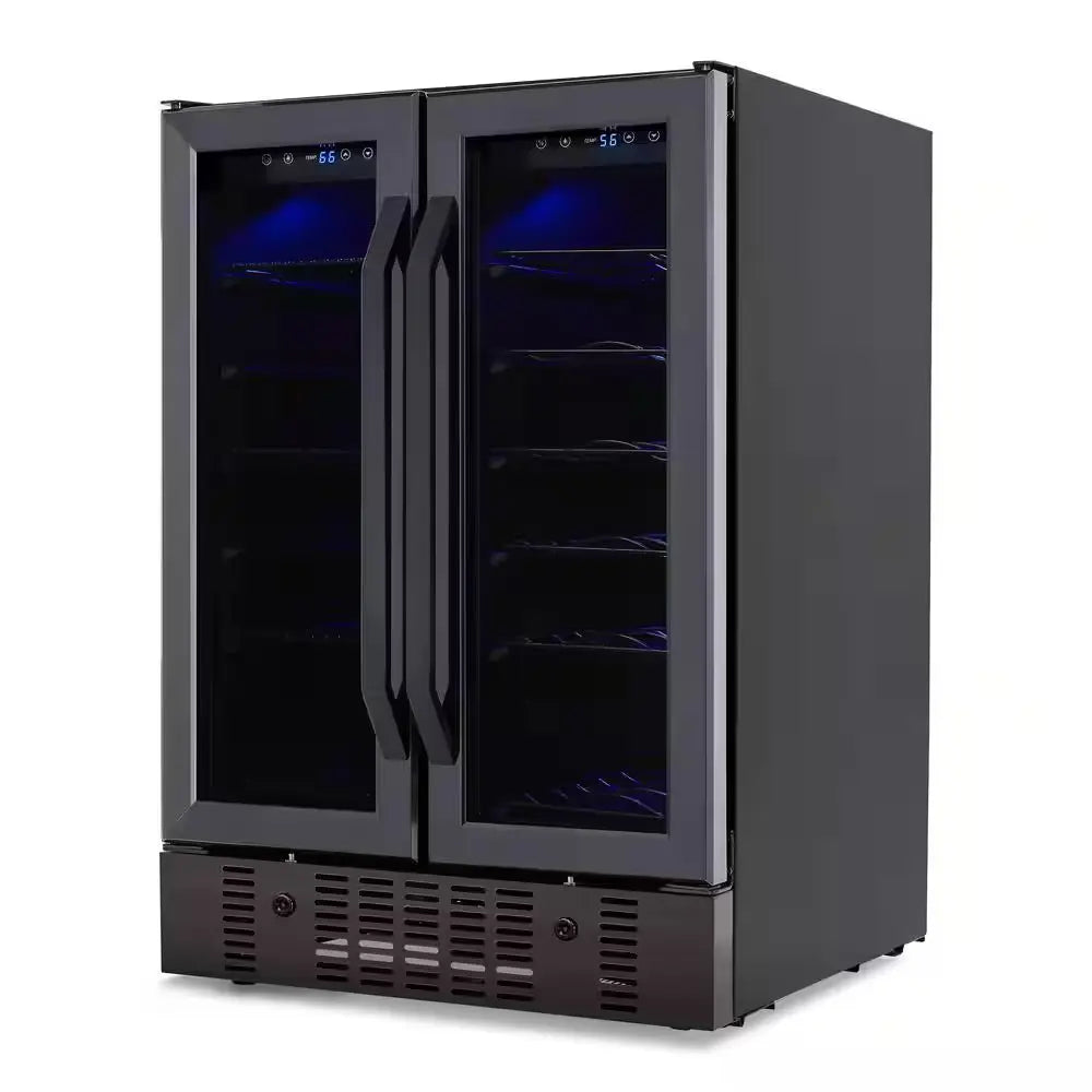 24 In. 18 Wine Bottles 60 Cans Built-In Dual Zone Beverage & Wine Cooler in Black Stainless Steel with French Doors | Fridge.com