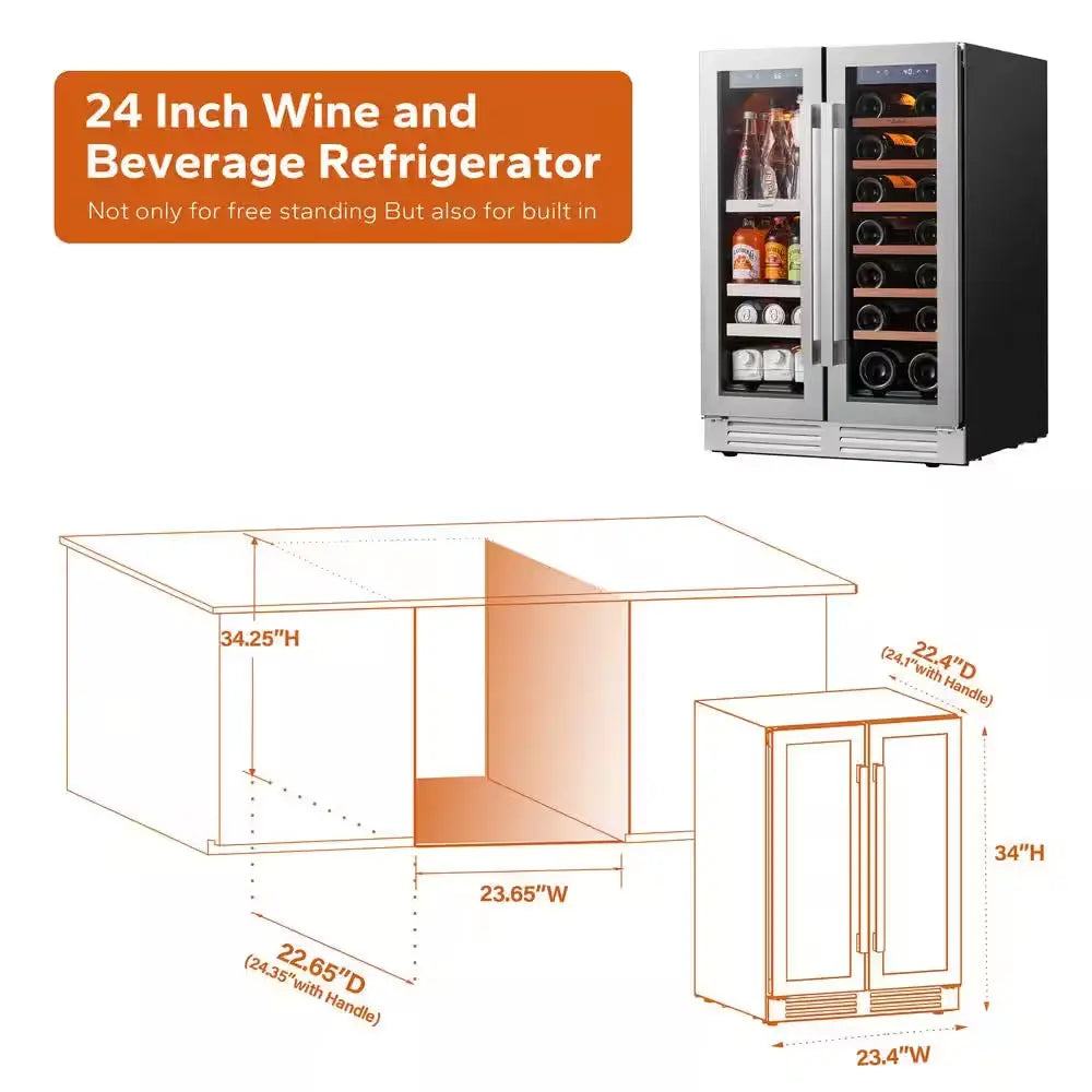 24 In. 20-Bottle Wine and 60 Can Beverage Cooler Dual Zone Refrigerator Under-Counter or Freestanding French Door Fridge | Fridge.com