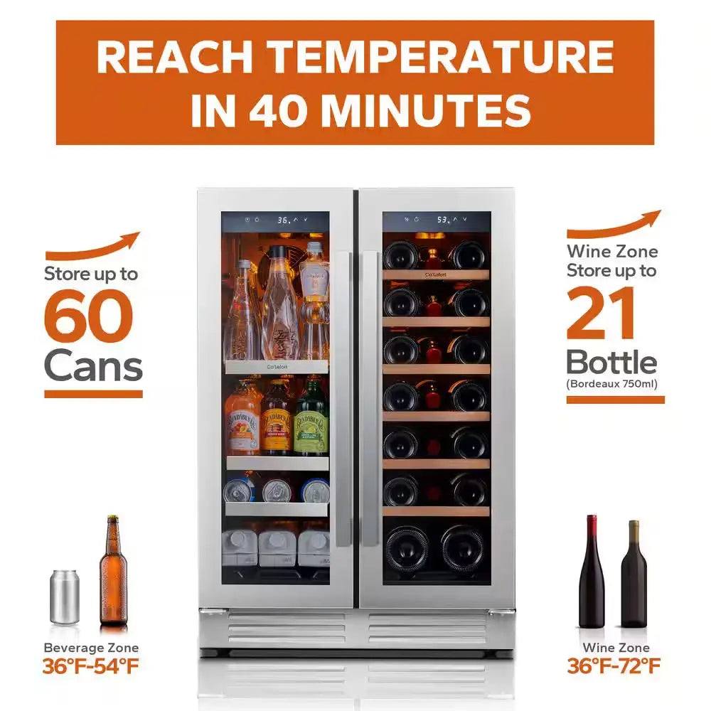 24 In. 20-Bottle Wine and 60 Can Beverage Cooler Dual Zone Refrigerator Under-Counter or Freestanding French Door Fridge | Fridge.com