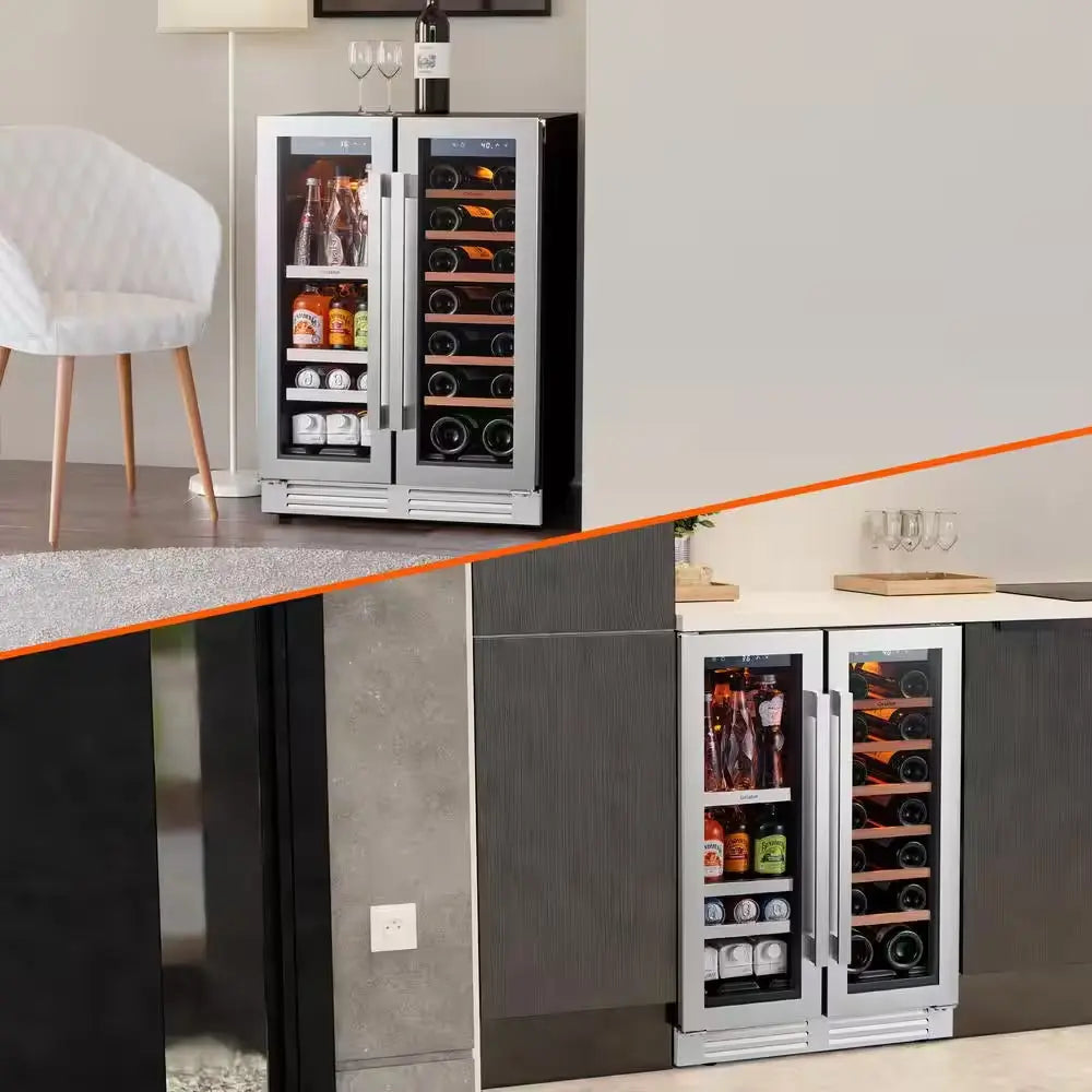 24 In. 20-Bottle Wine and 60 Can Beverage Cooler Dual Zone Refrigerator Under-Counter or Freestanding French Door Fridge | Fridge.com