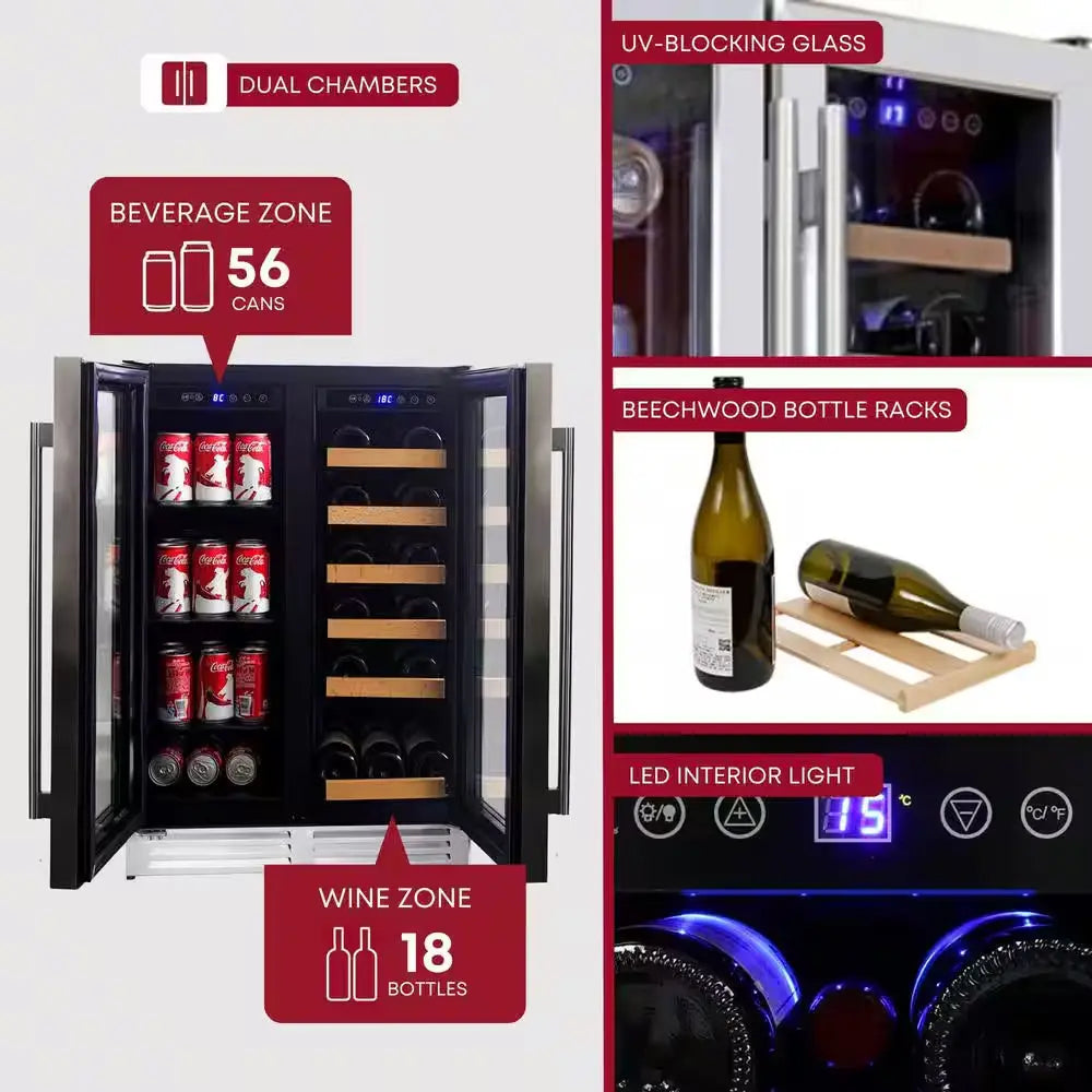 24 In. Built-In Dual Zone Wine and Beverage Fridge with Lock, 56 Can and 18 Bottle Capacity | Fridge.com