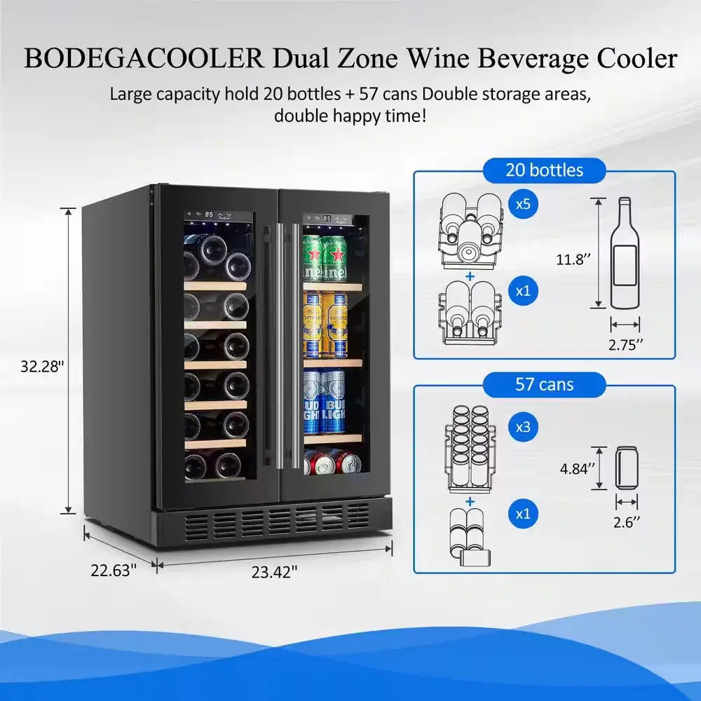 24 In. Dual Zone 17-Wine Bottles and 77-Cans Built-In and Freestanding Beverage & Wine Cooler in Black | Fridge.com