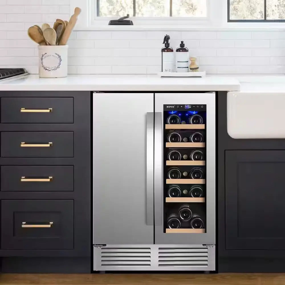 24 In. Dual Zone 18 Wine Bottles and 57 Cans Beverage & Wine Cooler in Silver Built in and Freestanding Blue Leds | Fridge.com