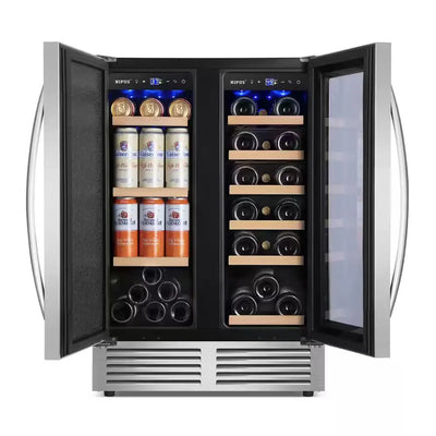 24 In. Dual Zone 18 Wine Bottles and 57 Cans Beverage & Wine Cooler in Silver Built in and Freestanding Blue Leds | Fridge.com