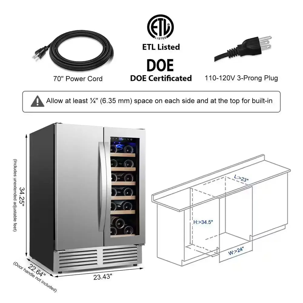 24 In. Dual Zone 18 Wine Bottles and 57 Cans Beverage & Wine Cooler in Silver Built in and Freestanding Blue Leds | Fridge.com