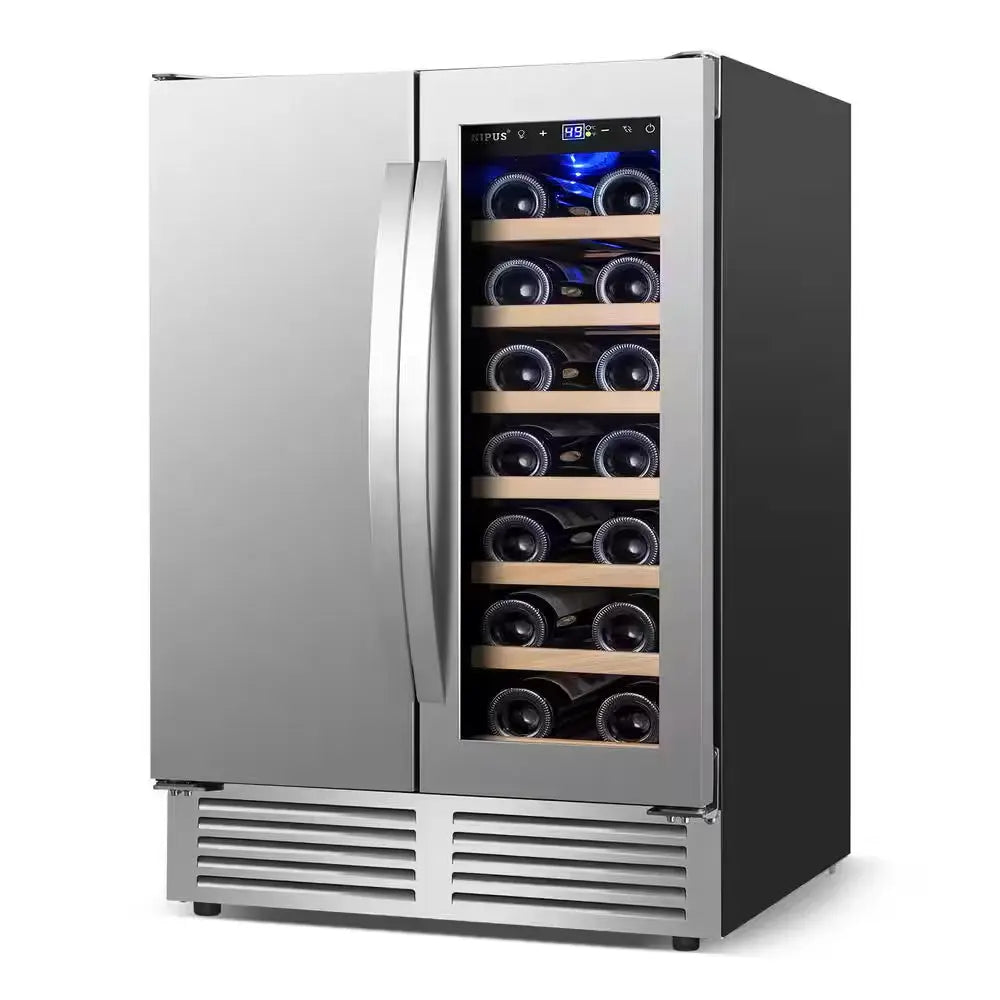 24 In. Dual Zone 18 Wine Bottles and 57 Cans Beverage & Wine Cooler in Silver Built in and Freestanding Blue Leds | Fridge.com