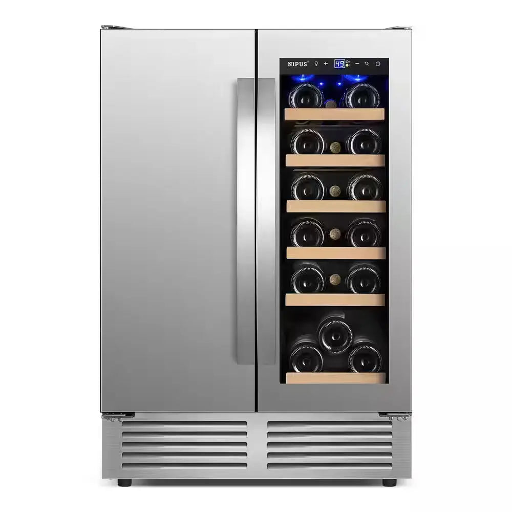 24 In. Dual Zone 18 Wine Bottles and 57 Cans Beverage & Wine Cooler in Silver Built in and Freestanding Blue Leds | Fridge.com