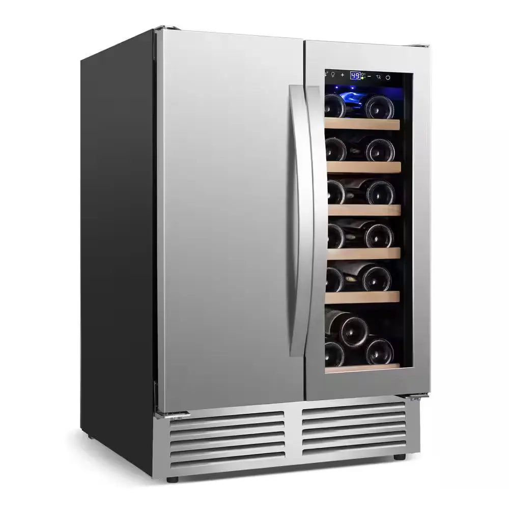 24 In. Dual Zone 18 Wine Bottles and 57 Cans Beverage & Wine Cooler in Silver Built in and Freestanding Blue Leds | Fridge.com