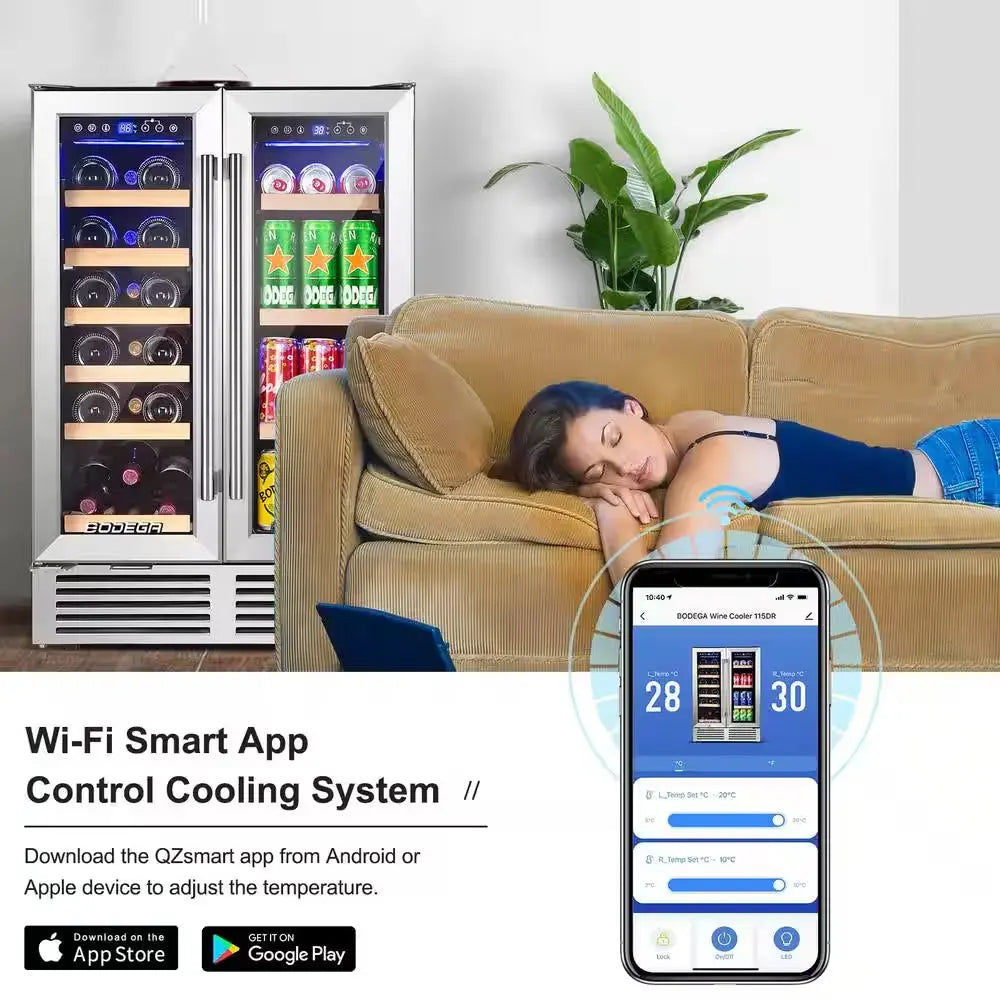 24 In. Dual Zone 19-Wine Bottles and 57-Cans Beverage & Wine Cooler with Smart APP Control in Stainless Steel | Fridge.com