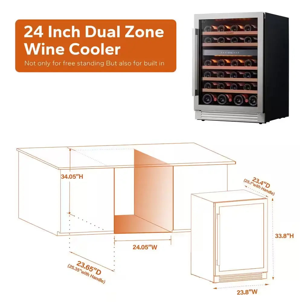 24 In. Dual Zone 46-Bottles Built-In Wine Cooler Refrigerator in Stainless Steel Frost-Free Touch Panel | Fridge.com