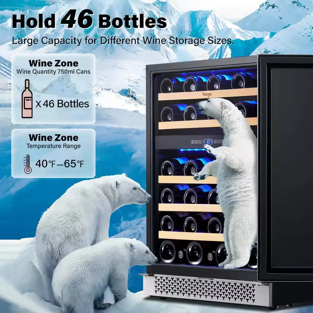 24 In. Dual Zone 46-Bottles Built-In Wine Cooler Refrigerator with Safety Lock and 5 Removable Shelves Frost Free | Fridge.com