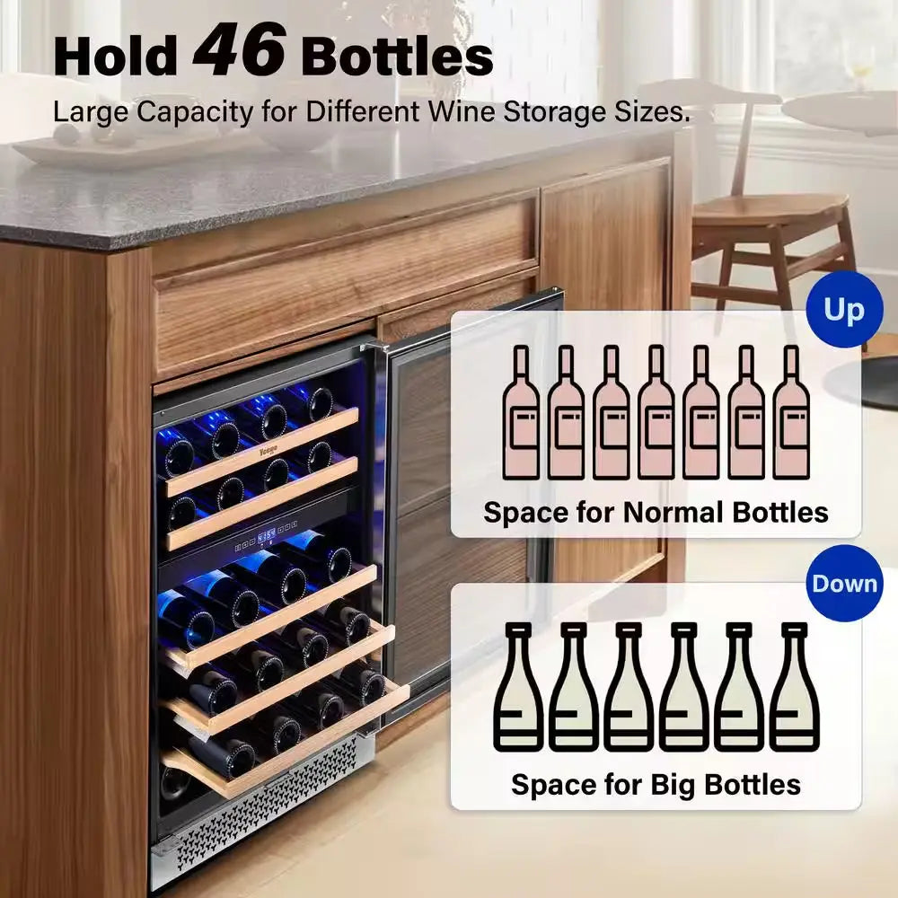 24 In. Dual Zone 46-Bottles Built-In Wine Cooler Refrigerator with Safety Lock and 5 Removable Shelves Frost Free | Fridge.com