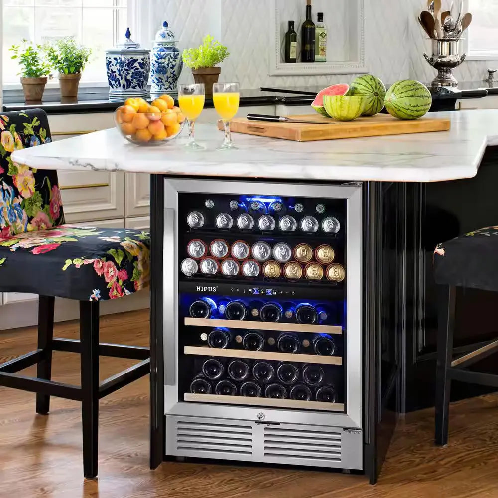 24 In. Dual Zone Upper and Lower 27-Wine Bottles and 94-Cans Beverage & Wine Cooler in Silver Built-In and Freestanding | Fridge.com