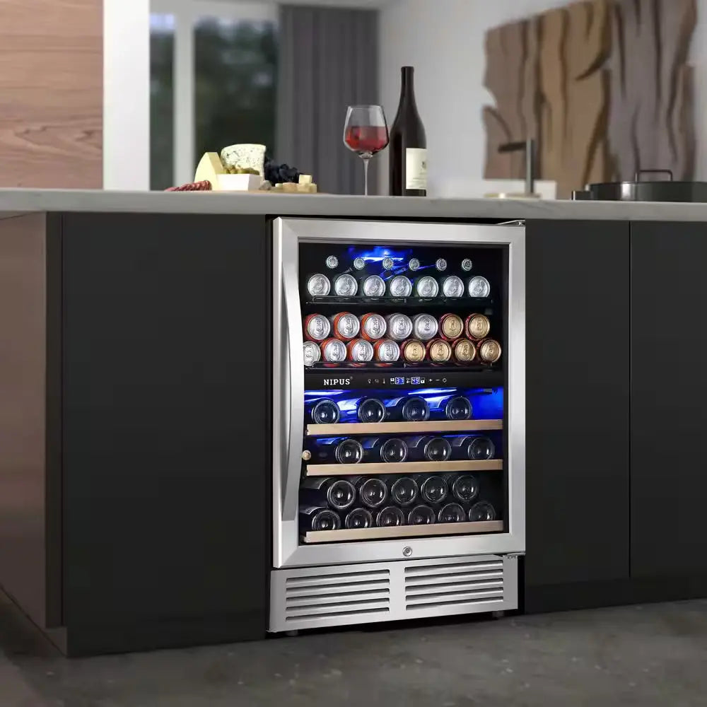 24 In. Dual Zone Upper and Lower 27-Wine Bottles and 94-Cans Beverage & Wine Cooler in Silver Built-In and Freestanding | Fridge.com