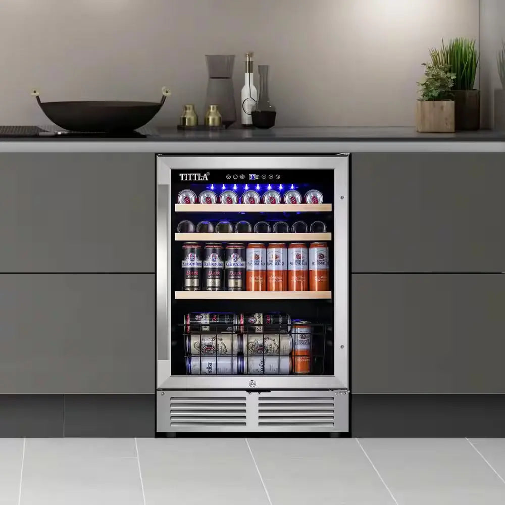 24 In. Single Zone 150-Can Beverage Refrigerator in Silver with 2-Different Door Handles Built-In Beverage Cooler | Fridge.com