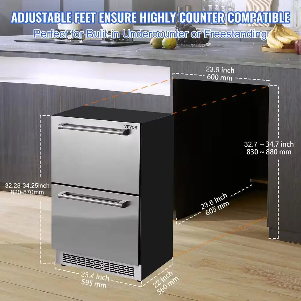 24 In. Undercounter Refrigerator 2 Drawer Wine Refrigerator with Different Temperature 4.87 Cu. Ft. Capacity | Fridge.com