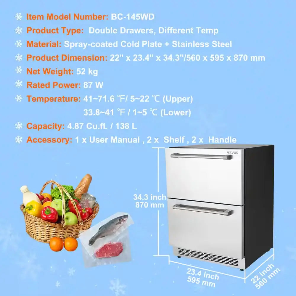 24 In. Undercounter Refrigerator 2 Drawer Wine Refrigerator with Different Temperature 4.87 Cu. Ft. Capacity | Fridge.com