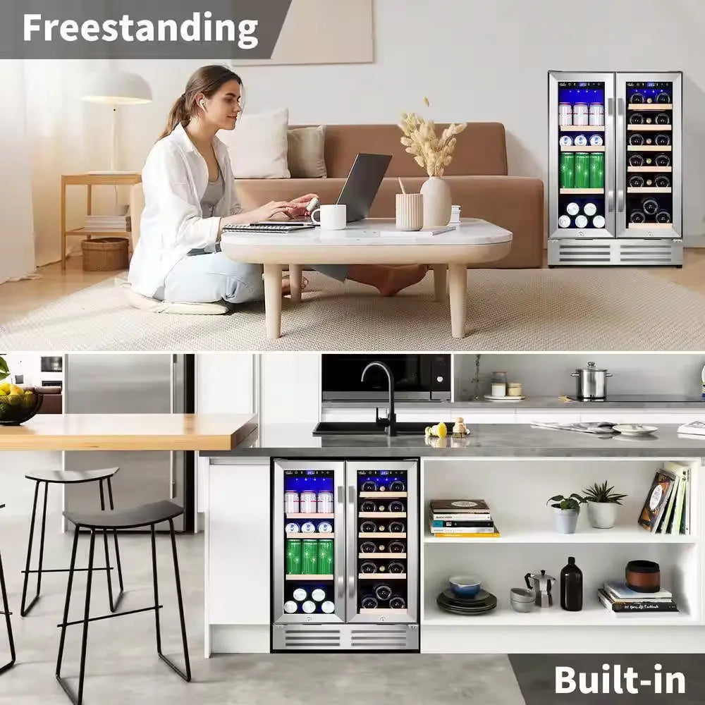 24 In.Dual Zone 18-Wine Bottles and 88-Can Built-In and Freestanding with French Door Beverage Cooler in Stainless Steel | Fridge.com