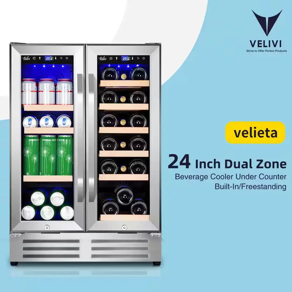 24 In.Dual Zone 18-Wine Bottles and 88-Can Built-In and Freestanding with French Door Beverage Cooler in Stainless Steel | Fridge.com