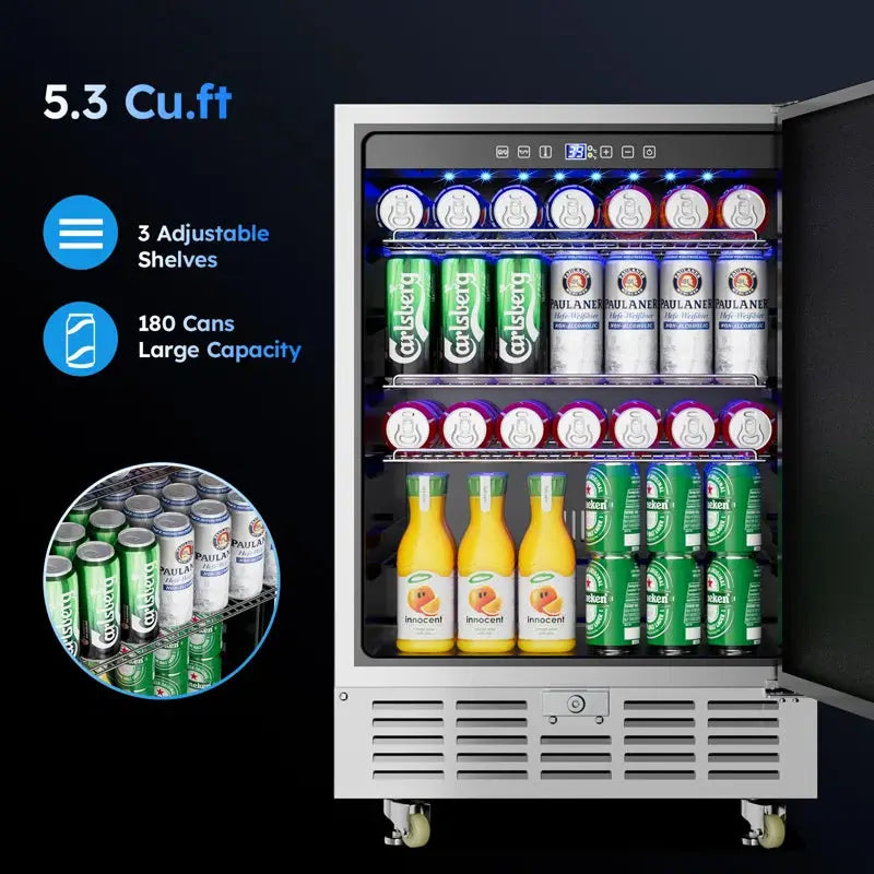 24 Inch Beverage Refrigerator, 180 Cans under Counter Beverage Cooler, 24" Space Built-In Beer and Drink Fridge with Glass Door for Soda, Water, and Milk - for Kitchen, Bar or Office | Fridge.com