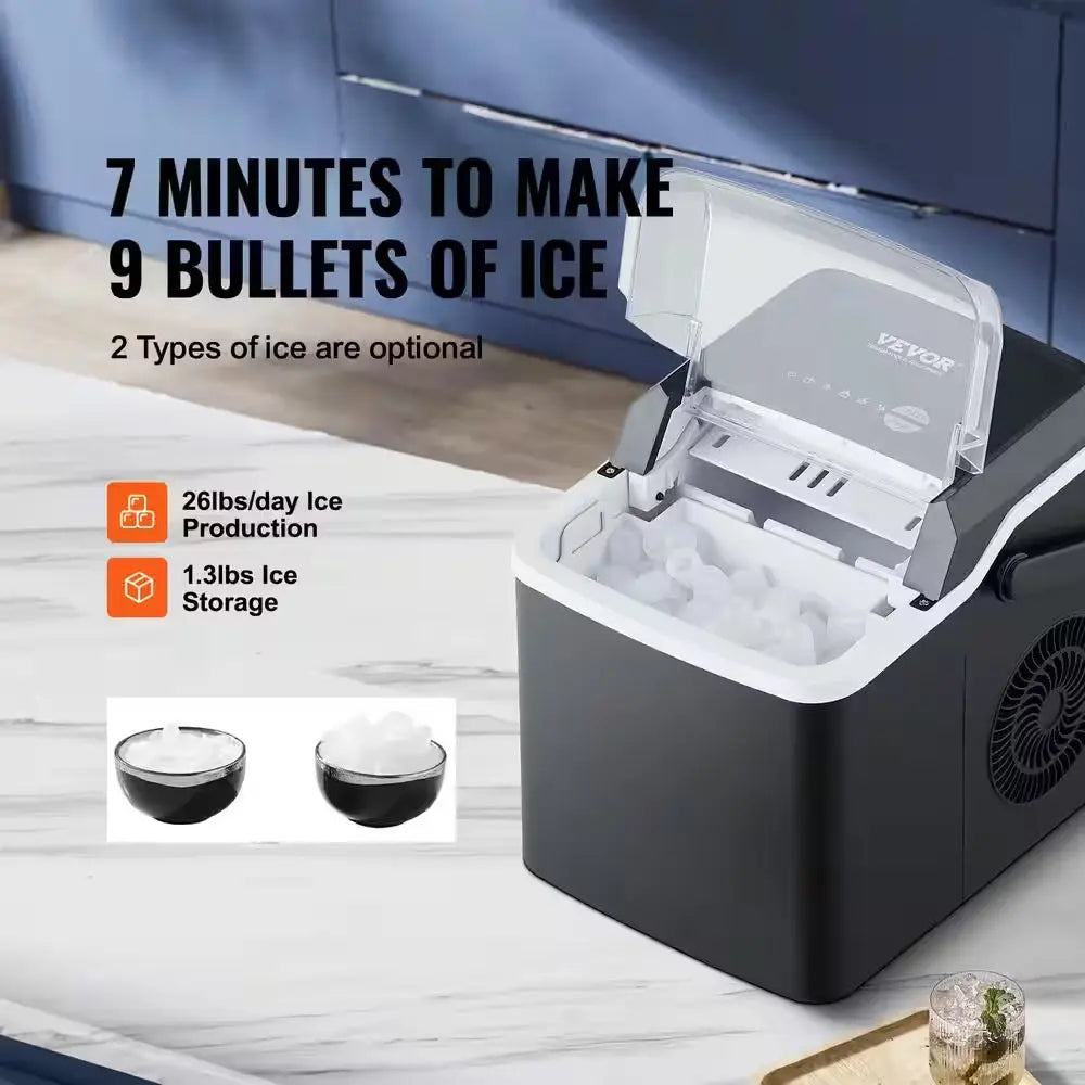 Countertop Ice Maker 26 Lb. / 24H Self-Cleaning Portable Ice Maker Ice Machine with 2 Sizes Bullet Ice, Black | Fridge.com