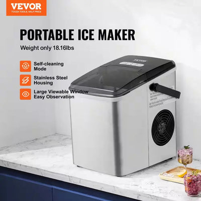 Countertop Ice Maker 26 Lb. / 24H Self-Cleaning Portable Ice Maker Stainless Steel Ice Machine, Silver | Fridge.com