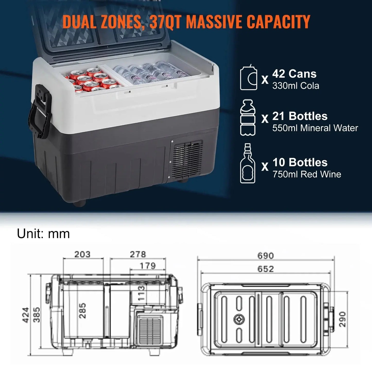 VEVOR 12V Car Refrigerator, 37Qt Dual Zone Car Fridge Freezer W/App Control & Wheels 12/24V DC & 100-240V AC Electric Compressor Cooler for Truck Vehicle RV Boat Outdoor & Home Use | Fridge.com