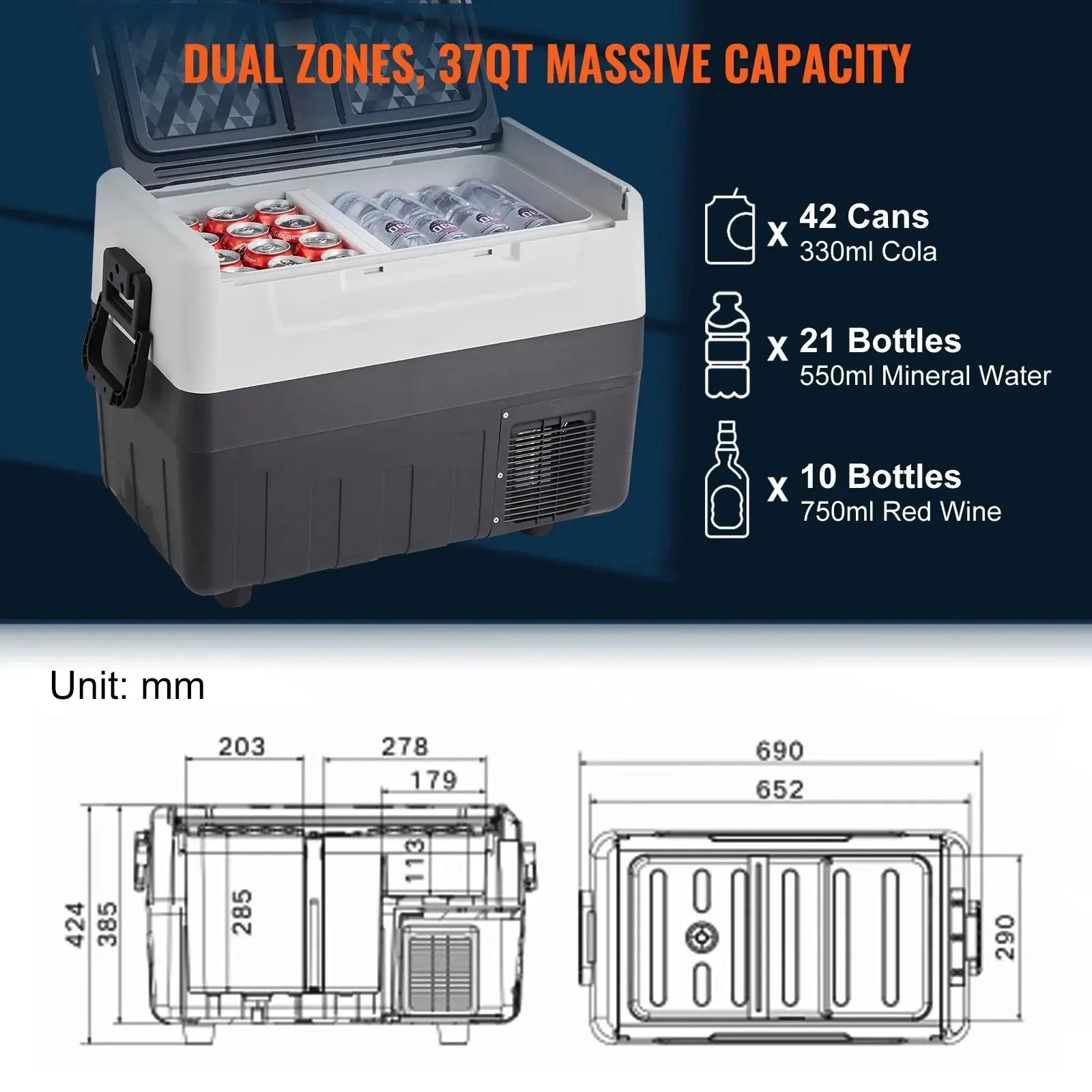 VEVOR 12V Car Refrigerator, 37Qt Dual Zone Car Fridge Freezer W/App Control & Wheels 12/24V DC & 100-240V AC Electric Compressor Cooler for Truck Vehicle RV Boat Outdoor & Home Use | Fridge.com