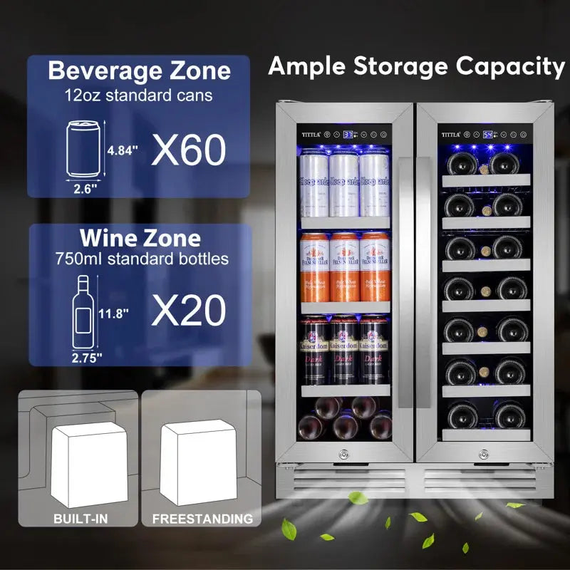 24" Wine and Beverage Refrigerator Dual Zone 20 Bottle&60 Can Built-In Wine Cooler with Four Handle | Fridge.com