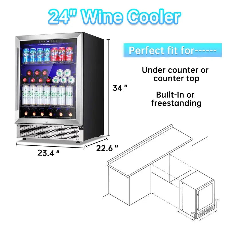 24”Wine Cooler Cabinet Built-In or Freestanding, Beverage Refrigerator with Stainless Steel Glass Door | Fridge.com