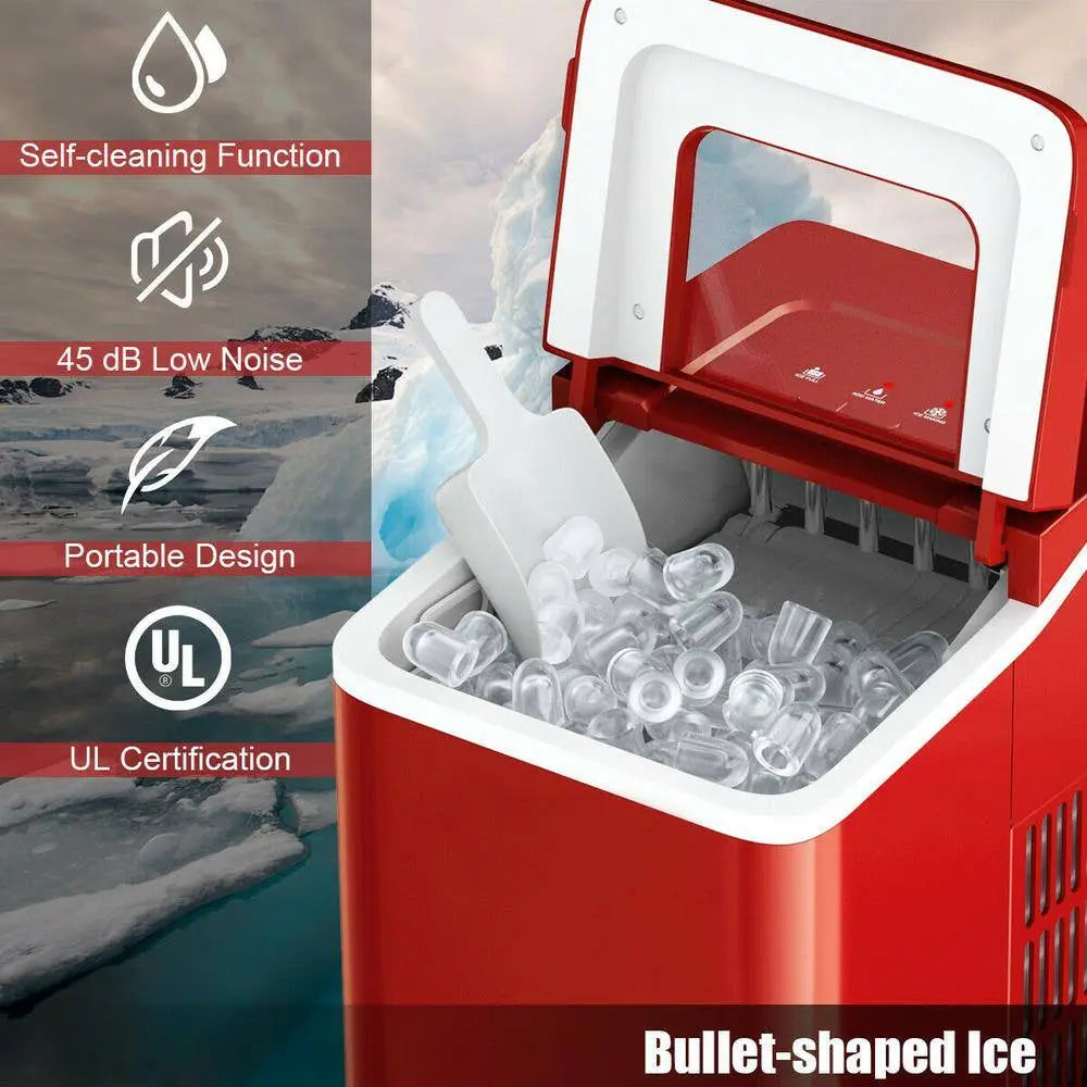 26 Lb. Portable Ice Maker in Red with Ice Scoop and Detachable Basket | Fridge.com