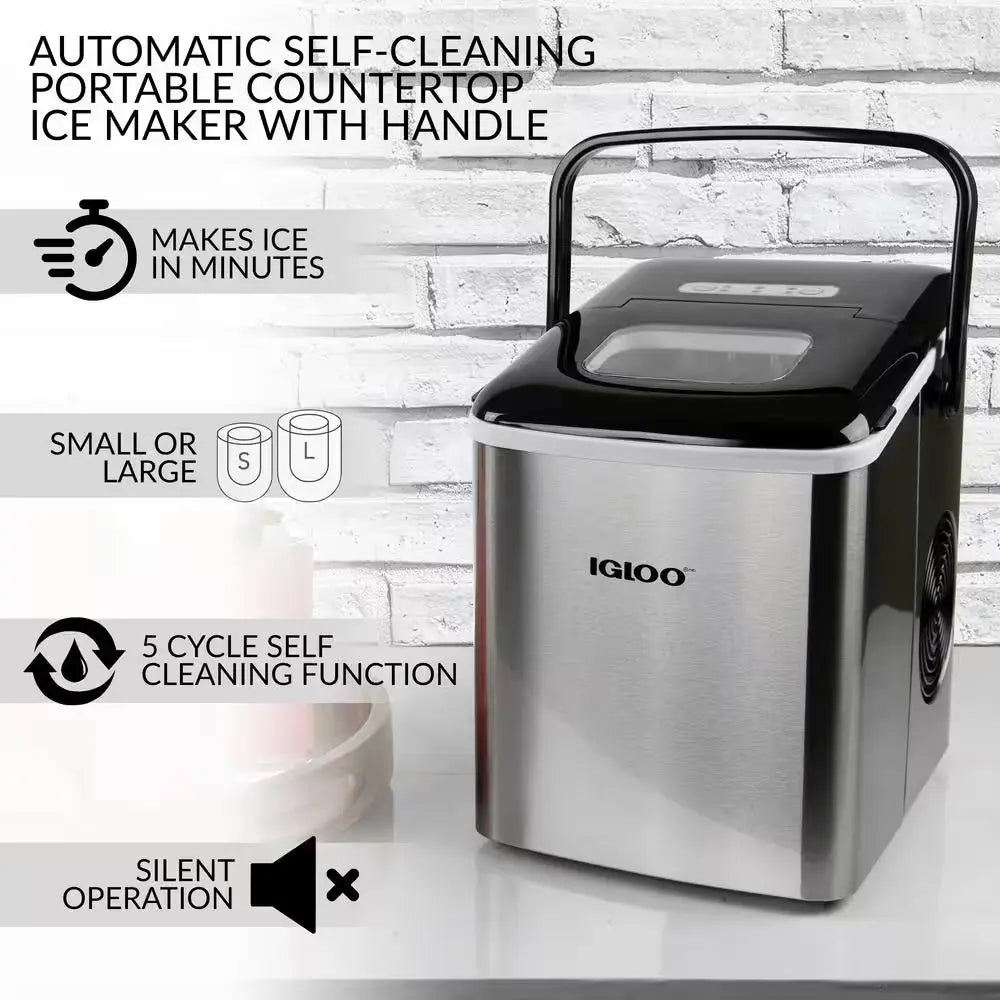 26 Lbs. Self Cleaning Portable Ice Maker with Carrying Handle in Stainless Steel | Fridge.com