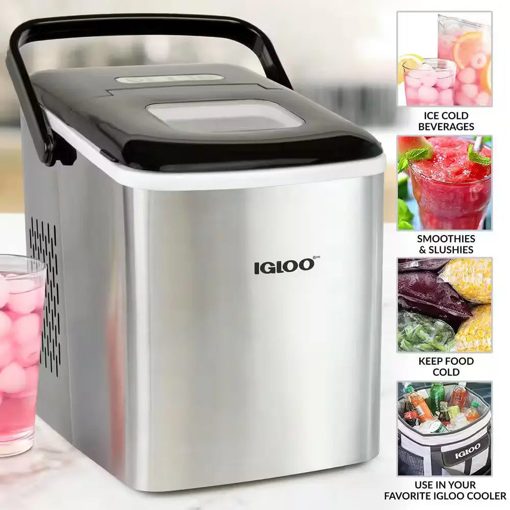 26 Lbs. Self Cleaning Portable Ice Maker with Carrying Handle in Stainless Steel | Fridge.com